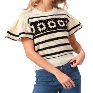 BIBI Floral Crochet Ruffle Flutter Sleeve Striped Cottagecore Sweater Blouse Top